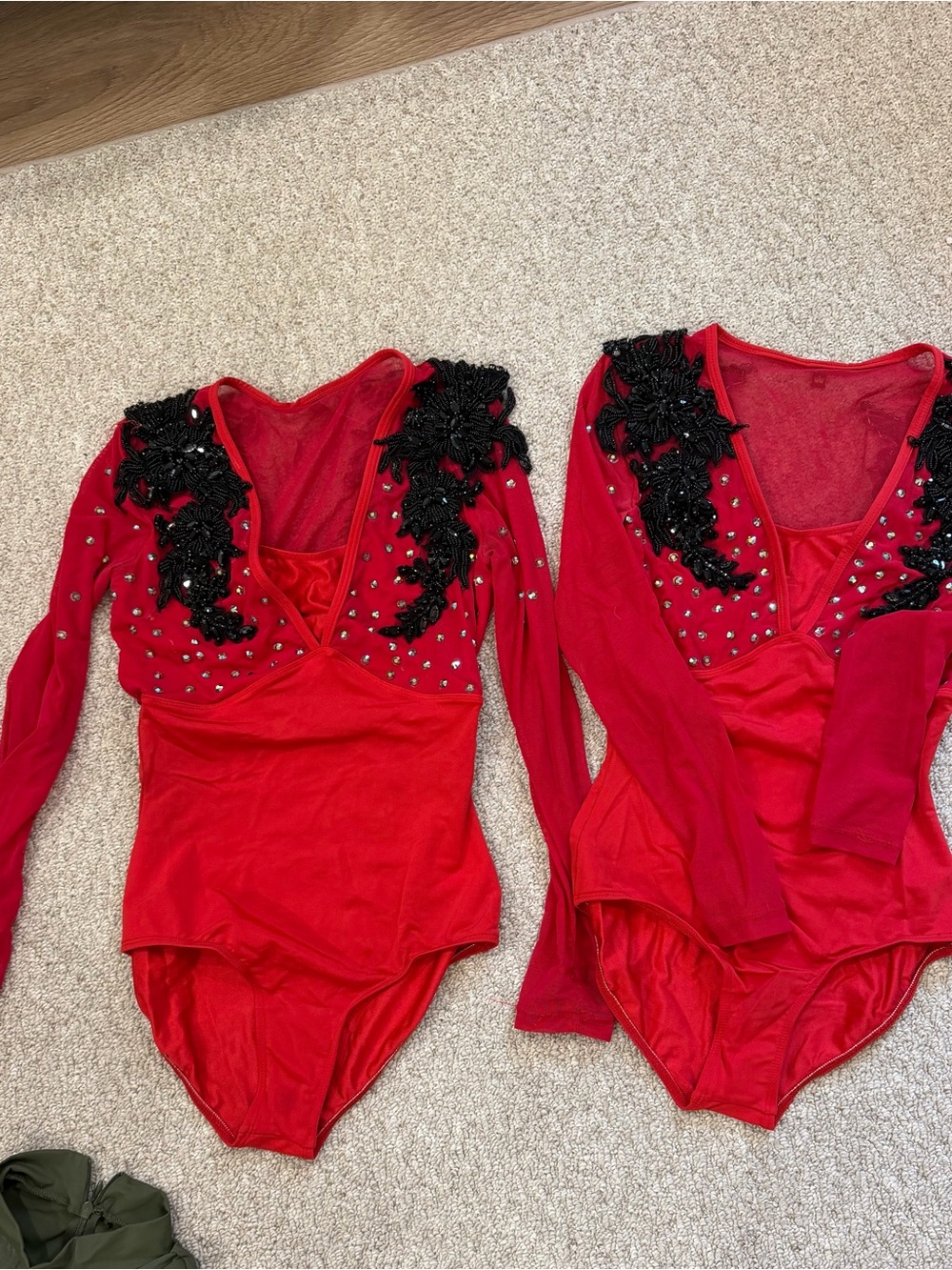 Red Kids One-Piece Leotard with Black Beaded Appliqué